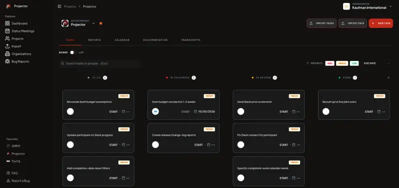 Projector task board, built with Laravel, Vue, Inertia and PostgreSQL, showing tasks in To Do, In Progress, In Review and Done columns