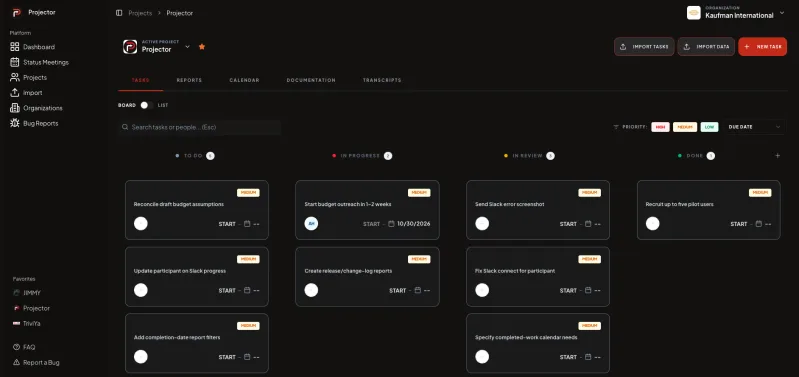 Projector task board, built with Laravel, Vue, Inertia and PostgreSQL, showing tasks in To Do, In Progress, In Review and Done columns