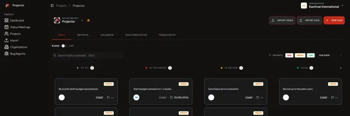 Projector task board, built with Laravel, Vue, Inertia and PostgreSQL, showing tasks in To Do, In Progress, In Review and Done columns