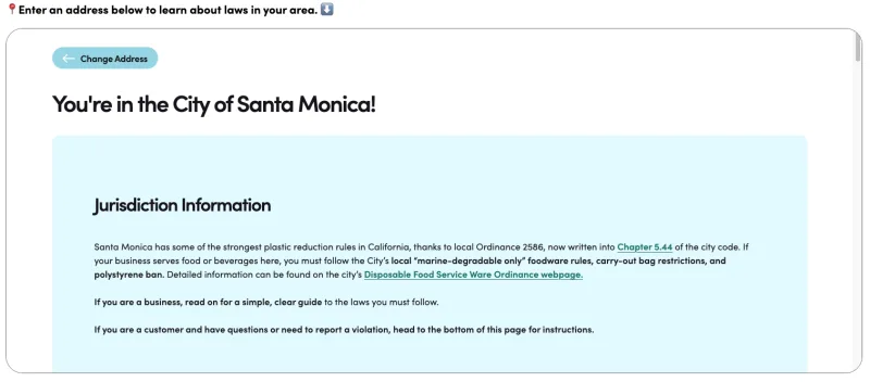 Heal The Bay Hold The Plastic tool, built with Laravel and Vue, showing local plastic-reduction laws for the City of Santa Monica